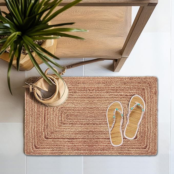 COTTON CRAFT Jute Rug - Braided 100% Jute Door Mat - Woven Neutral Reversible Small Rug - Entryway Kitchen Living Room Bedroom Bathroom Farmhouse Rustic Boho Door Mat Throw Carpet - 22x34 - Natural
