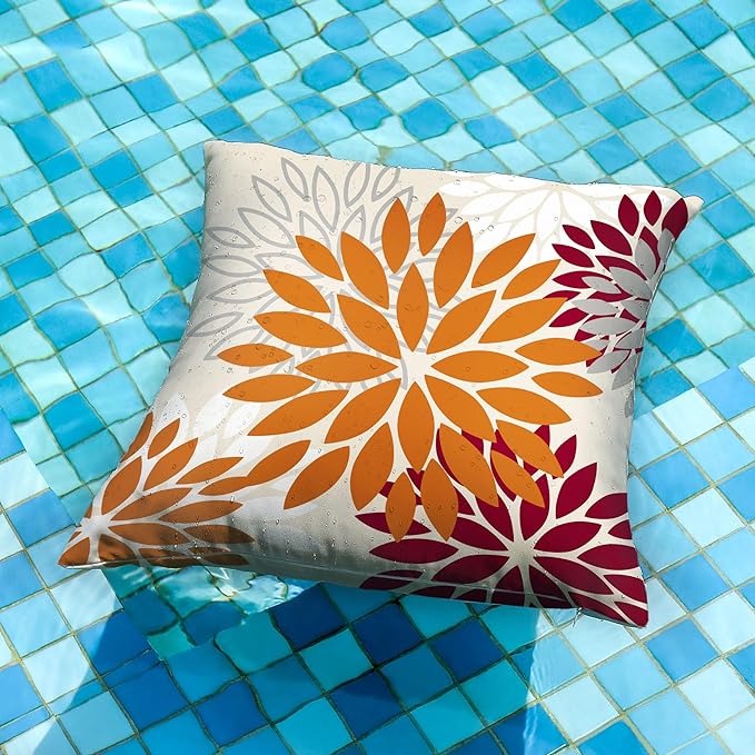 DFXSZ Orange Wine Red Flower Pillow Covers 18x18 Inch Set of 2 Outdoor Throw Pillows Outdoor Waterproof Decor for Living Room Sofa Patio Funiture Garden Floral Polyester Pillow Covers 002S18