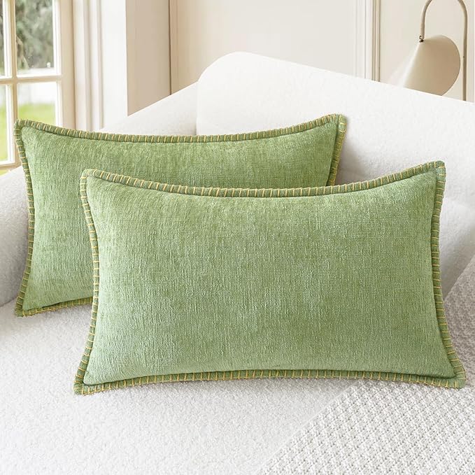 CaliTime Throw Pillow Covers Decorative 12 X 20 Inches Pack of 2 Cotton Thread Stitching Edges Solid Dyed Soft Chenille Cushion Cases for Couch Sofa Bed Living Room Farmhouse Sage Green