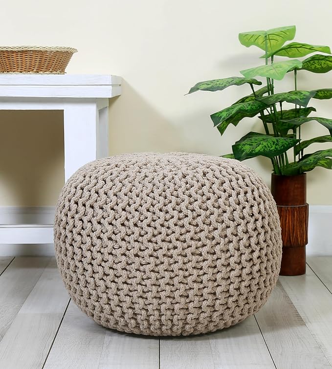 COZY TRENDS Hand Knitted Upholstered Pouf Cotton Braid Cord Cable Ottoman - Foot Stool - Accent Seat Furniture Bean Bag 18x18x14 Inches (Beige)