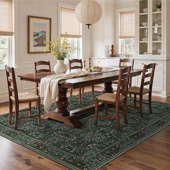 GENIMO 8x10 Area Rug for Living Room, Washable Vintage Floral Low Pile Non-Slip Large Carpet for Bedroom Dining Room, Stain Resistant Botanical Indoor Rug (Dark Green)