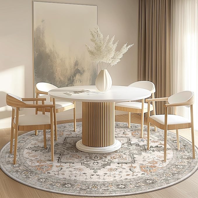 GENIMO 7FT Round Area Rugs for Living Room, Circle Rugs Machine Washable Low Pile, Chenille Non Slip Vintage Rug for Bedroom, Dining Room, Home Office, Light Taupe Brown