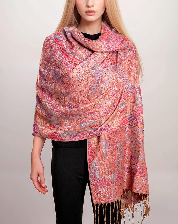 Achillea Reversible Paisley Pashmina Rave Scarf – Exotic Indian Shawls and Wraps for Evening Dresses, Festivals, All Seasons