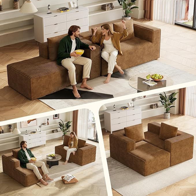 WLIVE 108'' Cloud Sectional Couches for Living Room, Modular Boneless Couch with Right Facing Chaise, L Shape Memory Foam Corduroy, with Cushion, Brown