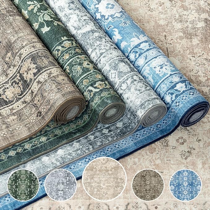 Lessymo 5x7 Area Rugs for Living Room, Machine Washable Non Slip Rug, Soft Low Pile Carpet for Bedroom Dining Home Office, Vintage Beige Distressed Floral Floor Mat