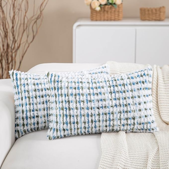 Boho Lumbar Pillow Covers Set of 2-12x20 Inch Farmhouse Tufted Long Boho Throw Pillows, Neutral Fluffy Modern Pillow Cases Rectangle Accent Pillowcase for Couch Bed Home Decor, Blue Green