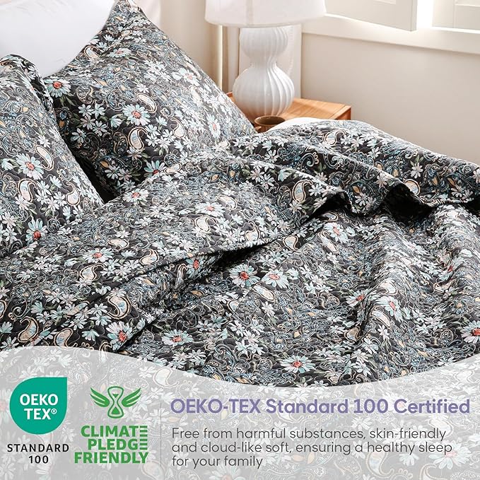 JSD Black Paisley Floral Quilt Set Twin Size, 2 Piece Printed Bedspreads Coverlet with Pillow Sham, Soft Microfiber Quilted Blanket