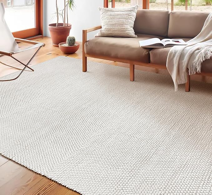 Handwoven Wool Cotton Blend Area Rug 6x9', Textured Popcorn Braided Ivory Rug, Soft Thick Farmhouse Contemporary Living Room Carpet, Neutral Modern Decorative Floor Rug
