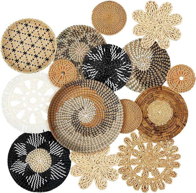 Xuhal 15 Pcs Boho Wall Basket Decor Handcrafted Seagrass Woven Wall Basket Rustic Round Woven Hanging Art for Home Farmhouse Kitchen Table Living Room(Stylish Style)