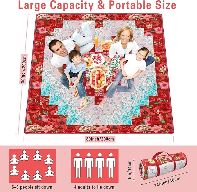 Extra Large Picnic Blankets Waterproof Foldable (80 "x 80") Beach Blanket Waterproof Sandproof,3-Layer Thicking Mat Outdoor Packable Camping Blanket