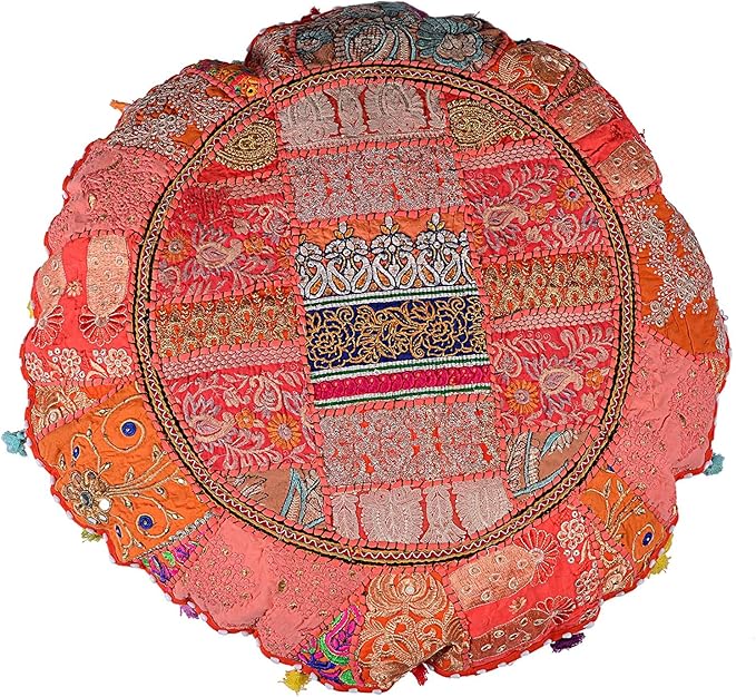 Indian Handmade Patchwork Codework Orange Round Pouf Cover Ottoman Floor Pillow Cushion Seating Throw Decorative Pom Pom Pillow Cases Boho 32 Inches, BFPC0109