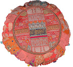 Indian Handmade Patchwork Codework Orange Round Pouf Cover Ottoman Floor Pillow Cushion Seating Throw Decorative Pom Pom Pillow Cases Boho 32 Inches, BFPC0109