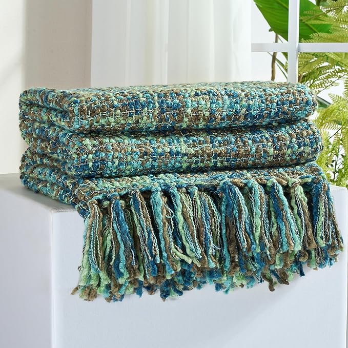 Multi-Color Green Cable Woven Throw Blanket for Couch,50"X60" Boho Style Textured Blankets for Home Decor,Super Soft Warm Cozy Chunky Blanket with Decorative Tassels for Bed and Sofa