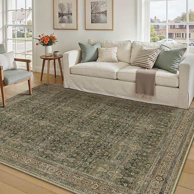 Area Rug 5x7 Green Brown Washable Vintage Living Room Carpetb Traditional Distressed Bedroom Indoor Soft Non Slip Large Rug Retro Thin Low Pile Floor Cover for Office Dining Room