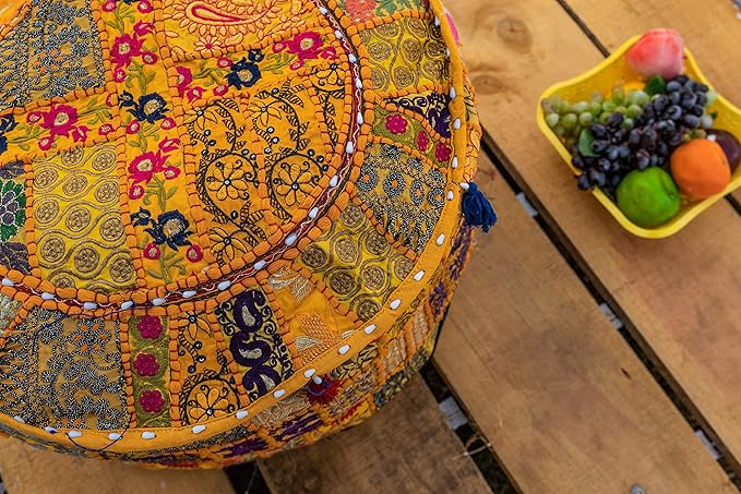 THE ART BOX Cotton Patchwork Vintage Pouf Covers (14x22 Inches, Cover Only) Boho Embroidered Bean Bag Seating Ottoman Kids Stool Decorative Chair Bohomian Home Décor