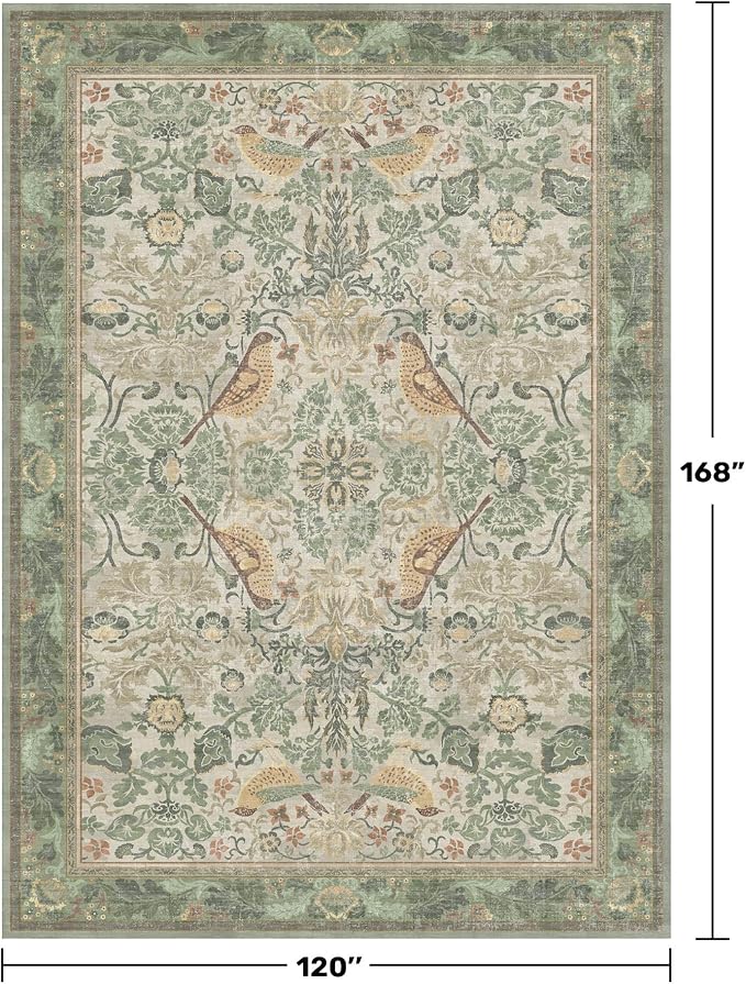 Floral Washable Large Rugs for Bedroom 10x14 - Sage Green Soft Area Rug for Dining Room Under Kitchen Table, Living Room, Playroom, Folable Non Skid Low Pile Indoor Carpet