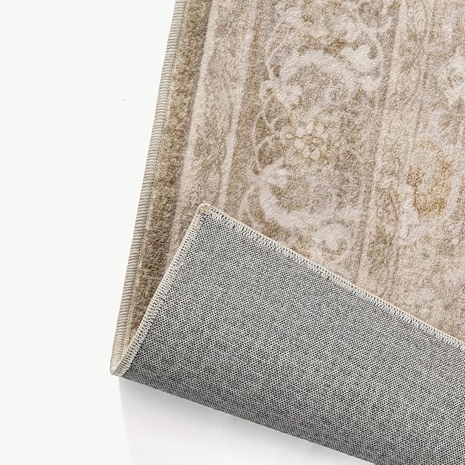 Brown 3x5 Area Rug Entryway Washable Vintage Carpet Office Small Indoor Non Slip Soft Low Pile Thin Stain Resistant Distressed Accent Throw Rug for Entrance Bedroom Dining Living Room