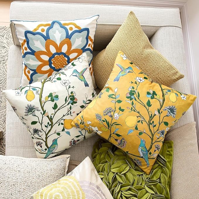 Mustard Yellow Floral Pillow Covers 12x20 Set of 2, Velvet Wild Flower Plant Throw Pillows Case, Square Farmhouse Decor Cushion Covers for Home Sofa Bed Couch
