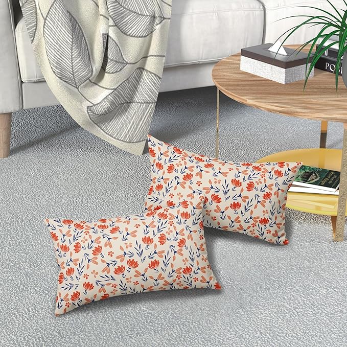 Navy Blue Orange Floral Pillow Covers 12x20 Set of 2 Vintage Rustic Old Style Cute Small Flower Print Rectangle Decorative Outdoor Pillowcases Fall Throw Cushion Case Decor for Couch Sofa Bed