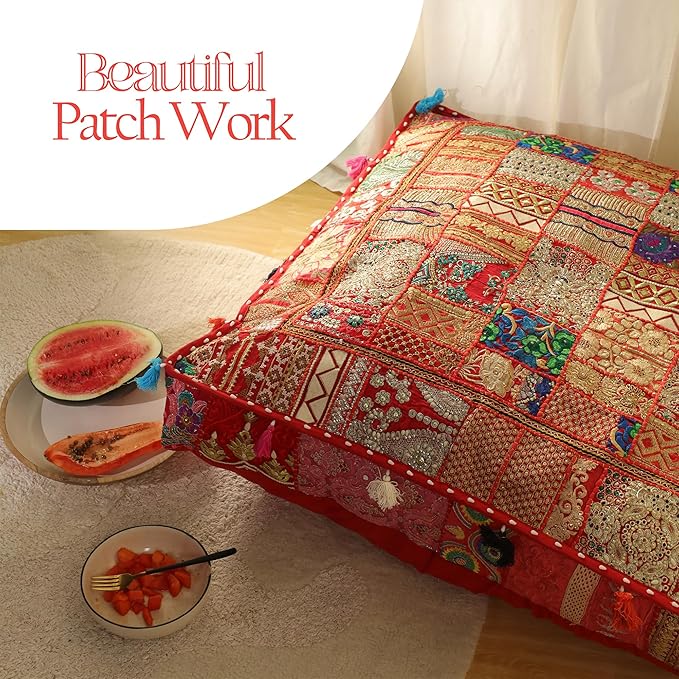 THE ART BOX Cotton Patchwork Vintage Boho Embroidered Floor Pillows & Cushion Cover Dog Pouf Seating Pouf Meditation Pillow Pet Bedding Cat Bed Boho Home Décor (35x35 Inches, Cover Only)