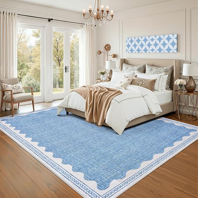 GarveeHome Scalloped Washable Rugs 9x12 Rug for Living Room Non-Slip Solid Blue Modern Minimalism Low-Pile Carpet 9 x 12 Rug for Bedroom Dining Nursery Mat with Rubber Back