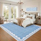 GarveeHome Scalloped Washable Rugs 9x12 Rug for Living Room Non-Slip Solid Blue Modern Minimalism Low-Pile Carpet 9 x 12 Rug for Bedroom Dining Nursery Mat with Rubber Back