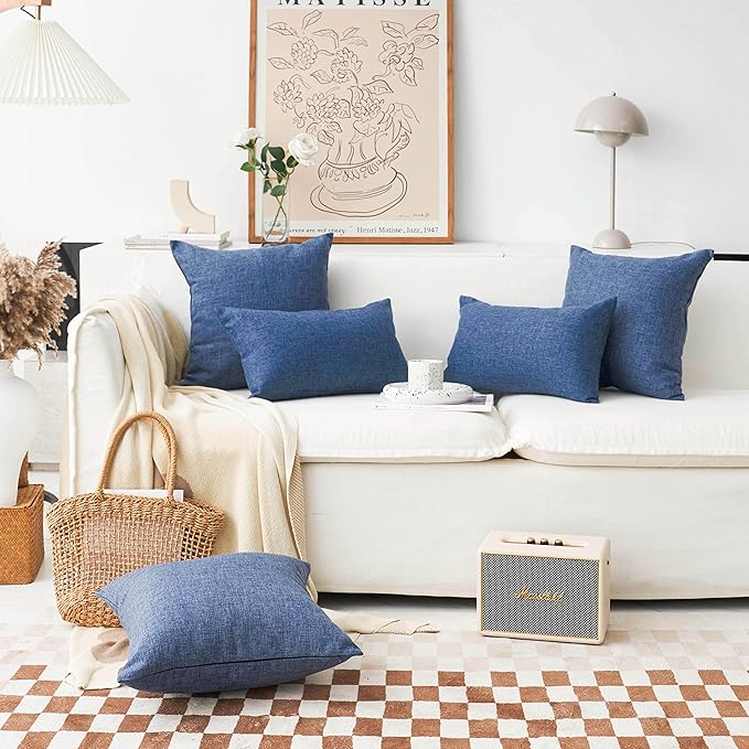 Home Brilliant Throw Pillows for Couch Set of 4 Lined Linen Decorative Pillow Covers Indigo for Bench Sofa, 18x18 inch, Navy Blue