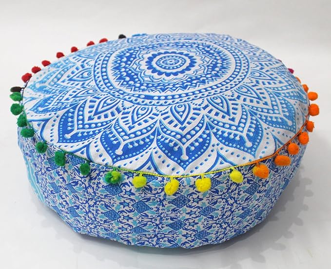 CRAFT KALA 16" Round Large Hippie Mandala Meditation Floor Ottoman Pillow Cushion Pouf Cover Square Poufs Bohemian Circle Floor Cushion Case Outdoor Fireplace Yoga Living Room Decor Cover Blue Ombre