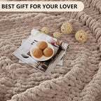 L'AGRATY Chunky Knit Blanket Throw: 50''x60'' Chenille Chunky Knitted Throw Blanket for Bed Couch - Handmade Thick Big Cable Knit Blanket - Large Crochet Rope Blanket for Home Decor(Light Taupe)
