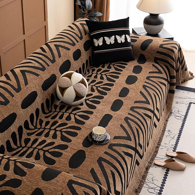 VClife Couch Cover Bohemian Morroccan Sofa Cover Washable Sofa Slipcover for 2 Cushion Couch Sofa Non Slip Soft Chenille Furniture Protector Modern Brown Black Slip Cover for Couch 71''x118''