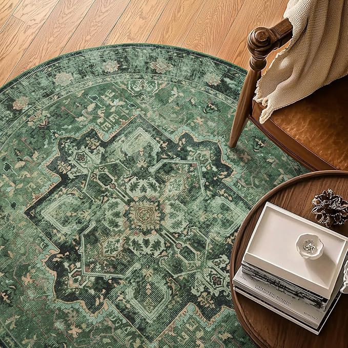 Green Round Rugs 4ft for Bedroom Living Room, Low Pile Thin Washable Entryway Area Rugs Non Slip, Traditional Medallion Printed Circle Carpet for Kitchen Dining Room