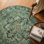 Green Round Rugs 4ft for Bedroom Living Room, Low Pile Thin Washable Entryway Area Rugs Non Slip, Traditional Medallion Printed Circle Carpet for Kitchen Dining Room