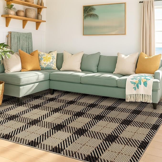 5x7 Farmhouse Rugs for Living Room - Easy Jute Area Rug for Large Entryway Indoor Outdoor, Patio, Bedroom Under Bed, Washable Non Slip Rustic Woven Checkered Plaid Black and Tan Carpet
