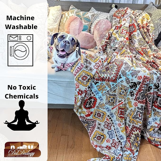 DaDa Bedding Bohemian Southwestern Mink Fleece Throw Blanket - Lightweight Cozy Farmhouse Aztec Havana Geometric Abstract Soft Warm Fall Decor - Yellow & Red - Queen - 90" x 90"