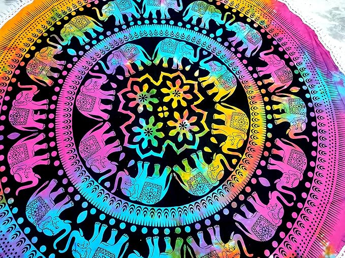 Round Beach Tapestry Turquoise Mandala Throw/Boho Hippie Beach Blanket Roundie/Indian Cotton Bohemian Large Round Table Cloth-Home Decor/Yoga Mat Meditation Picnic Rug (42", Multi Color)