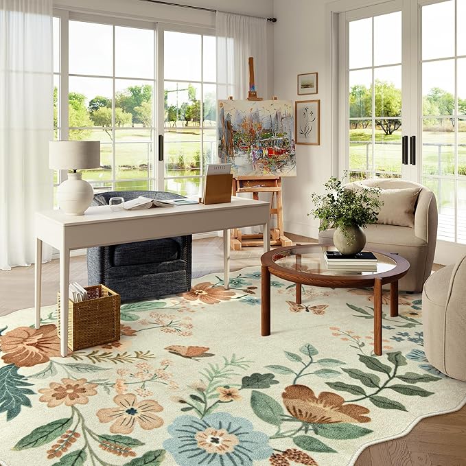 Lahome Floral Washable 6x9 Area Rugs, Soft Bedroom Rug for Living Room Ultra-Thin Non Slip Dining Room Rug, Stain Resistant Boho Rugs Easy Clean Throw Carpet for Office Flore (6'x9',Beige)