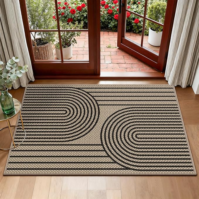 Outdoor Rug 2x3 Door Mat Easy Jute Entryway Porch Rug Indoor Foyer Outdoor Patio Low Pile Ultra-Thin Area Rug Washable Non-Slip Black Rainbow Throw Carpet for Front Door Entrance Floor Mats