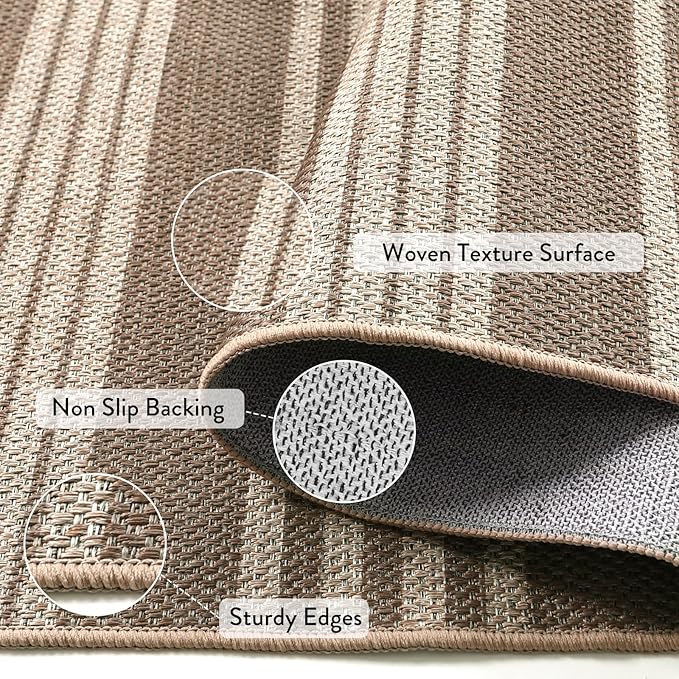 Lahome Striped Easy Jute Rug 8x10, Farmhouse Dining Room Rug Indoor Outdoor Carpet for Patio Living Room, Nature Non Slip Non Shedding Floor Carpet for Deck Sunroom Mudroom, Khaki