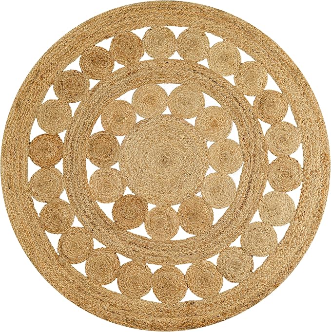 Hand Woven Jute Area Rug - 3' Round - Rustic Beige Reversible Farmhouse Rugs for Living Room, Bedroom, Kitchen - Vintage Natural Braided Entry Floor Décor Circle Boho Round Jute Rug 3ft
