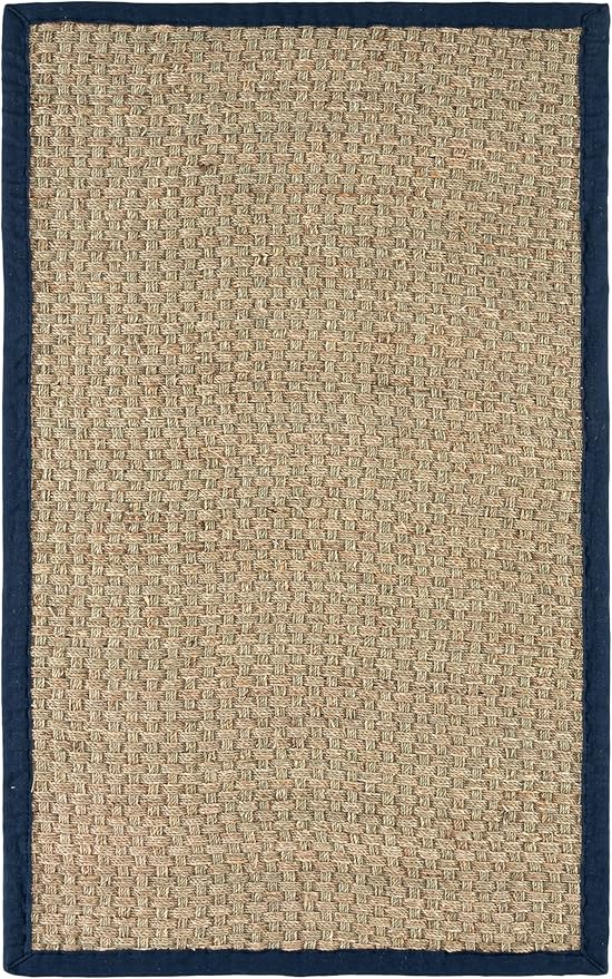 SAFAVIEH Area Rug 3x5 - Natural Fiber Collection - Natural & Blue, Border Basketweave Seagrass Design (NF114E)
