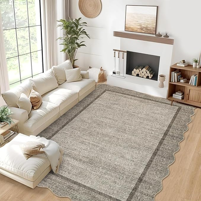 GarveeHome Scalloped Washable Rug 9x12 Area Rug for Living Room Modern Bedroom Rug Brown Large Area Rug Non Slip Throw Rugs Soft Low Pile Stain Resistant Carpet for Dorm Nursery Dining Room 9'x12'
