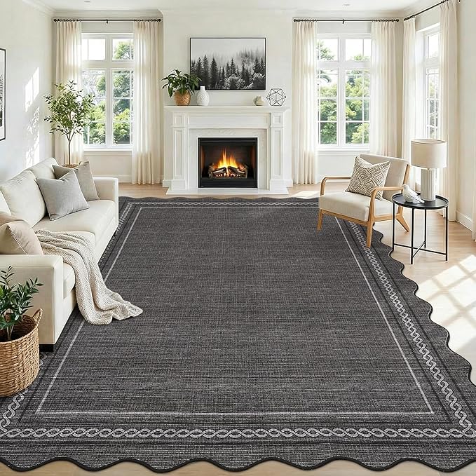 Garvee Scalloped Washable Area Rug 6x9 Rugs for Living Room Boho Non Slip Large Area Rug for Bedroom Modern Soft Low Pile Stain Resistant Carpet for Office Dining Room Classroom 6'x9' Dark Grey