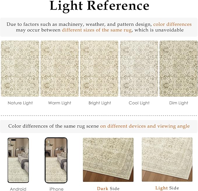 Vintage Area Rug 9x12 Beige Washable Living Room Large Carpet Non Slip Bedroom Indoor Office Low Pile Traditional Distressed Retro Accent Rug for Dining Room