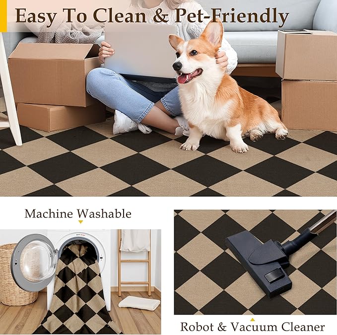 2x6 Checkered Easy Jute Runner Rug Non Slip Hallway Kitchen Washable Outdoor Rug for Entryway Indoor Checkerboard Black Indoor Outdoor Carpet for Bedside Entry Front Door Porch