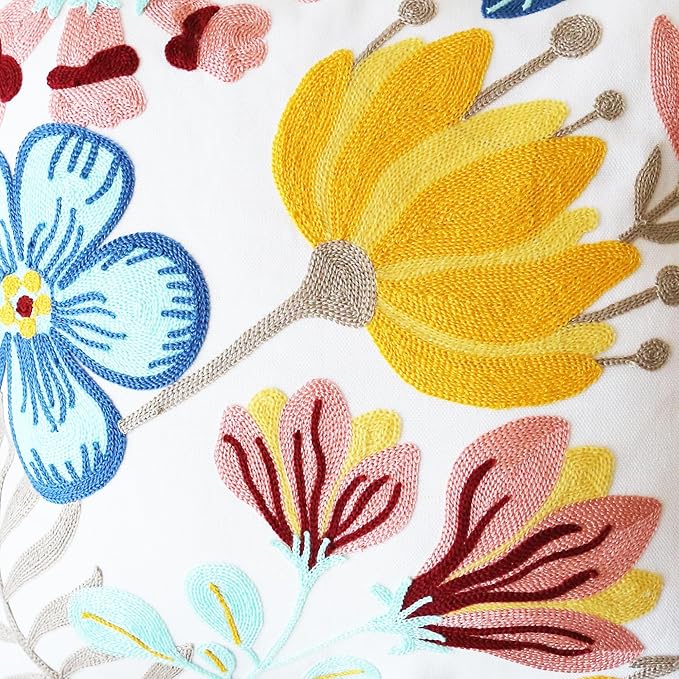 Embroidered Throw Pillow Cover Boho Floral Pillow Covers for Couch Sofa 3D Big Flowers Cotton Linen Bohemian Pillow Covers Multicolor Botanical Leaves 2PCS Pillowcase Covers 18x18 Inch