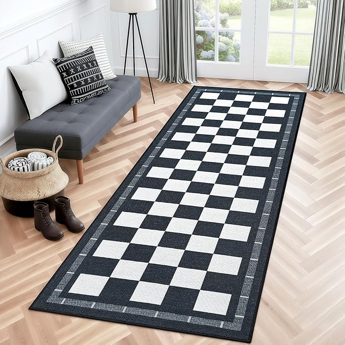 Vasofe Jute Checkered Runner Rug, 2x6 Black and White Washable Rugs, Modern Runners for Hallway Non-Slip Kitchen Mat, Farmhouse Checkerboard Indoor Outdoor Carpet for Porch Laundry Entryway