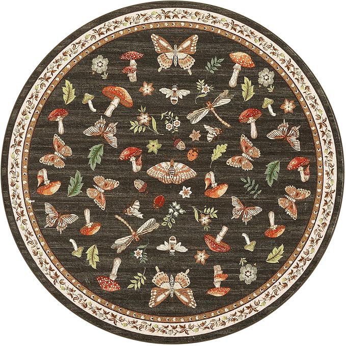Mushroom Insect 6ft Round Rug Washable Non-Slip Soft Ultra-Thin Boho Circle Carpet for Living Room Bedroom Kitchen Nursery Dining Room Brown