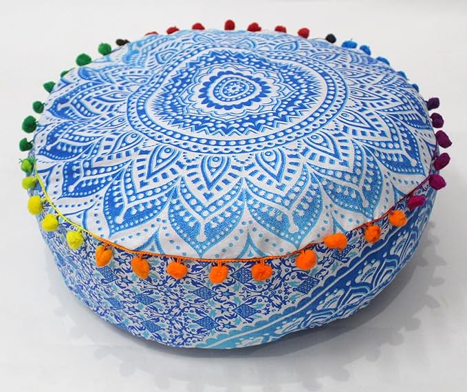 CRAFT KALA 24" Round Large Hippie Mandala Meditation Floor Ottoman Pillow Cushion Pouf Cover Square Poufs Bohemian Circle Floor Cushion Case Outdoor Fireplace Yoga Living Room Decor Cover Blue Ombre