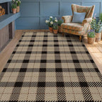 Jute Rug 6x9 for Living Room, Washable Black and Brown Rug for Dining Room, Indoor Outdoor Geometric Non Slip Vintage Farmhouse Carpet, Classic Beige Plaid Décor