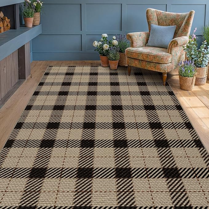 Jute Rug 6x9 for Living Room, Washable Black and Brown Rug for Dining Room, Indoor Outdoor Geometric Non Slip Vintage Farmhouse Carpet, Classic Beige Plaid Décor